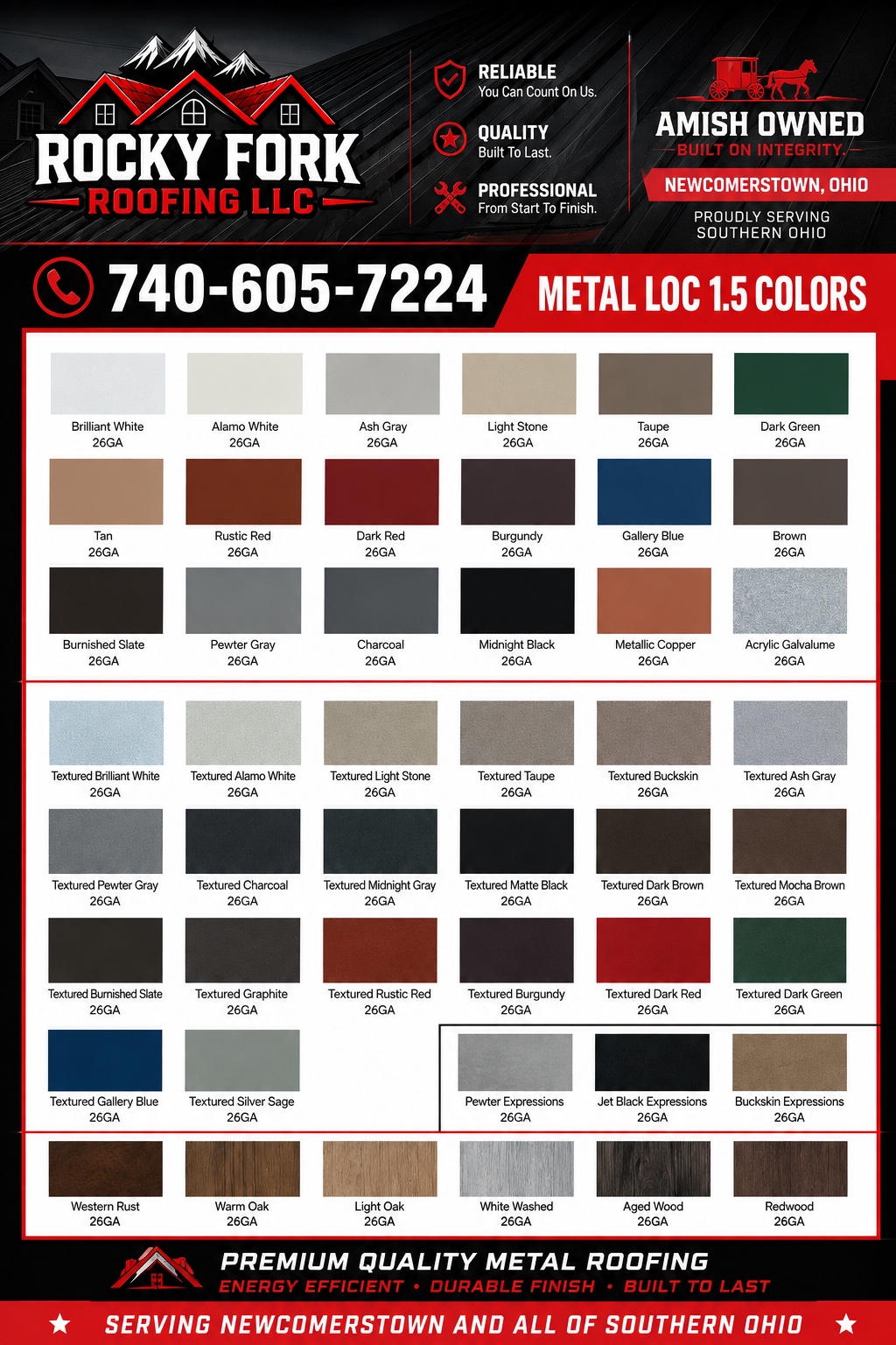 Rocky Fork Roofing Metal Loc 1.5 color chart with over 50 colors